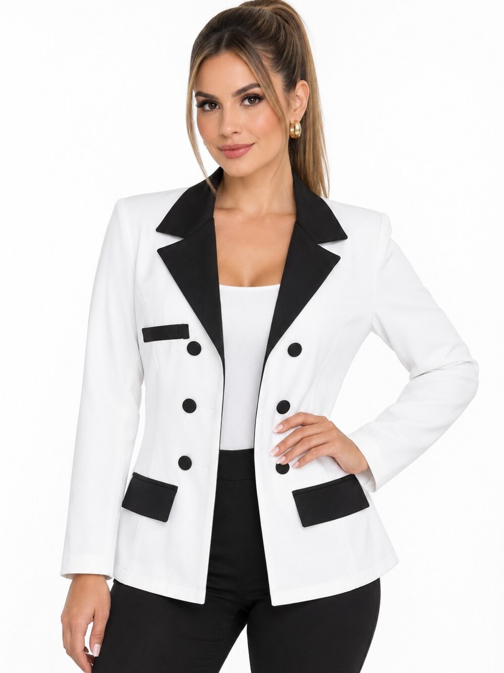 Boutique Women’s White & Black Contrast Double Breasted Blazer. Size M.